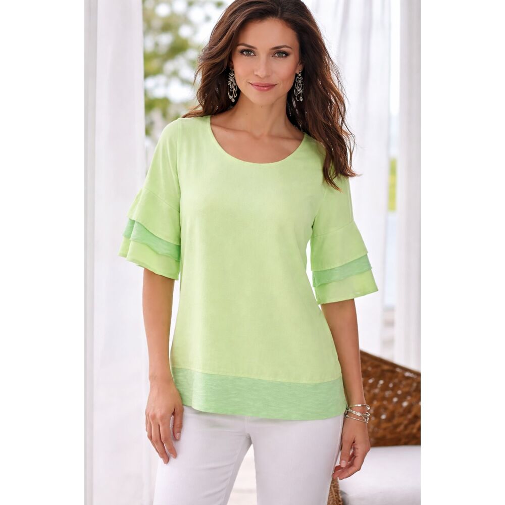 Soft Surroundings Lime Green Tencel Ruffle Tier Sleeve Tunic Top XL NWT Breezy